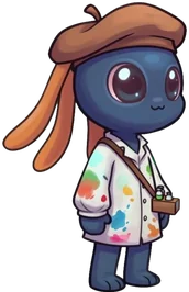 Oibii in a beret and paint-splashed smock